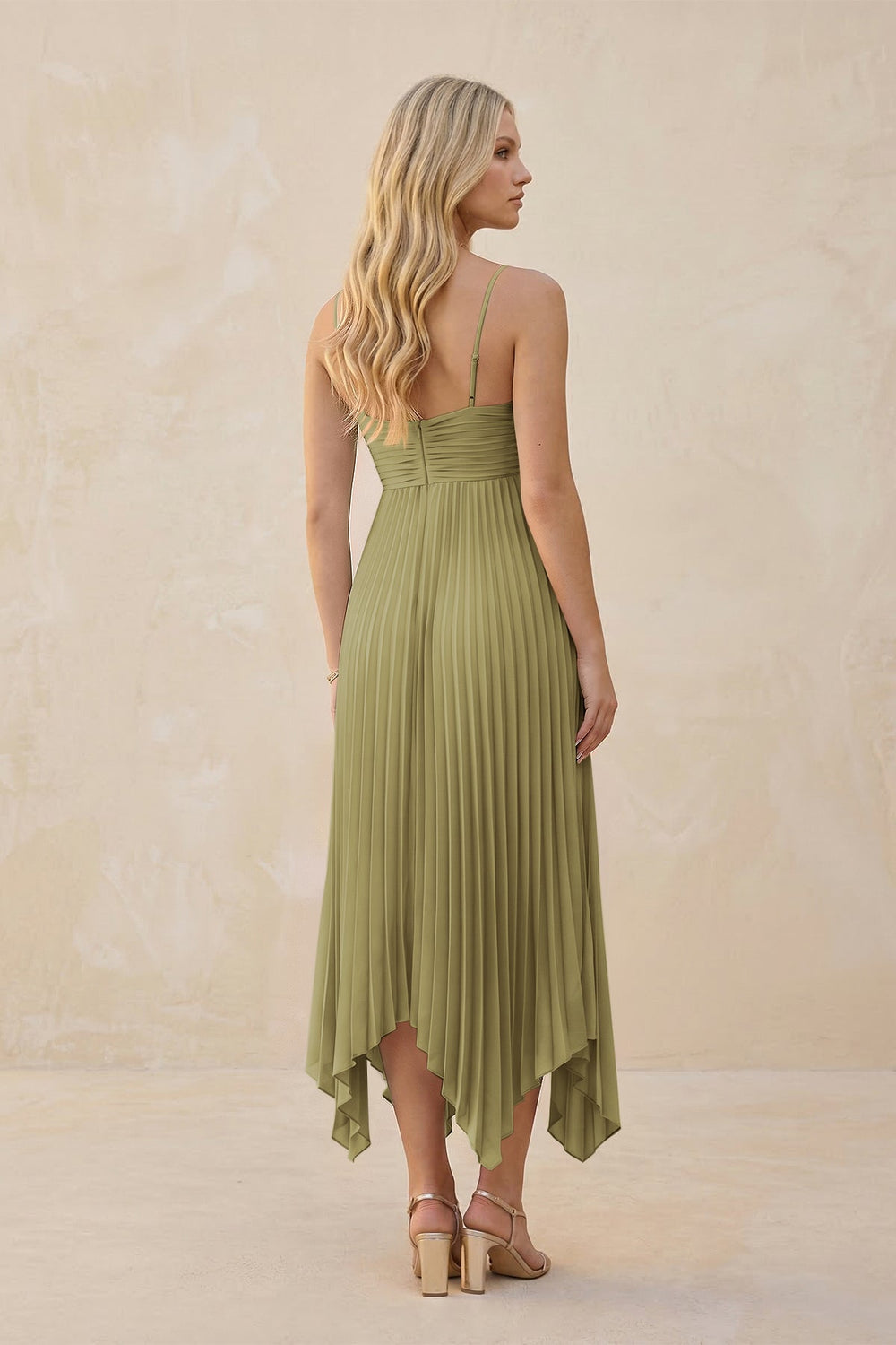 Spaghetti Strap Pleated A-Line Chiffon Midi Bridesmaid Dress in Moss Green