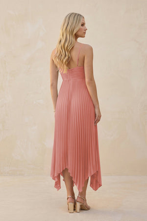 Spaghetti Strap Pleated A-Line Chiffon Midi Bridesmaid Dress in Mulberry (2) | KISSBRIDAL