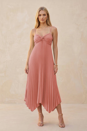 Spaghetti Strap Pleated A-Line Chiffon Midi Bridesmaid Dress in Mulberry | KISSBRIDAL