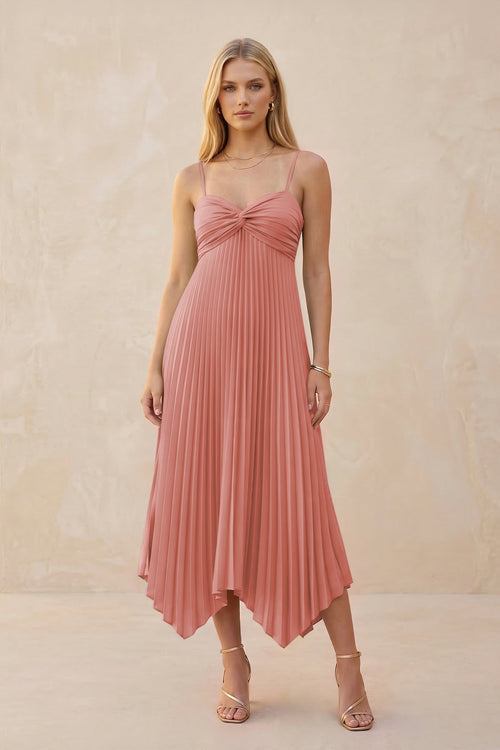 Spaghetti Strap Pleated A-Line Chiffon Midi Bridesmaid Dress in Mulberry | KISSBRIDAL