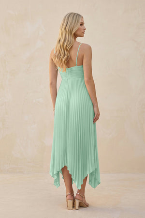 Spaghetti Strap Pleated A-Line Chiffon Midi Bridesmaid Dress in Pale Pistachio (2) | KISSBRIDAL