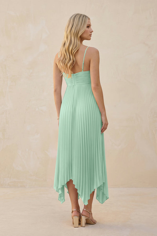 Spaghetti Strap Pleated A-Line Chiffon Midi Bridesmaid Dress in Pale Pistachio (2) | KISSBRIDAL