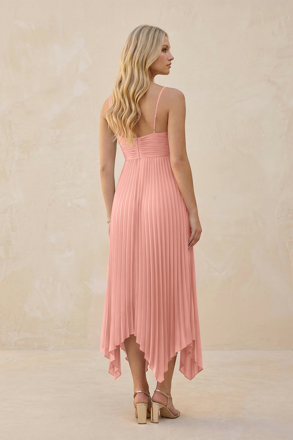 Spaghetti Strap Pleated A-Line Chiffon Midi Bridesmaid Dress in Rosette