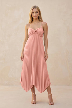 Spaghetti Strap Pleated A-Line Chiffon Midi Bridesmaid Dress in Rosette | KISSBRIDAL