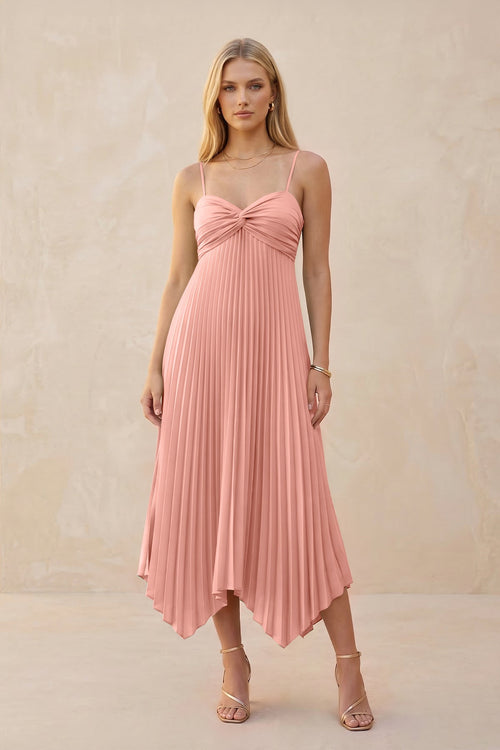 Spaghetti Strap Pleated A-Line Chiffon Midi Bridesmaid Dress in Rosette | KISSBRIDAL
