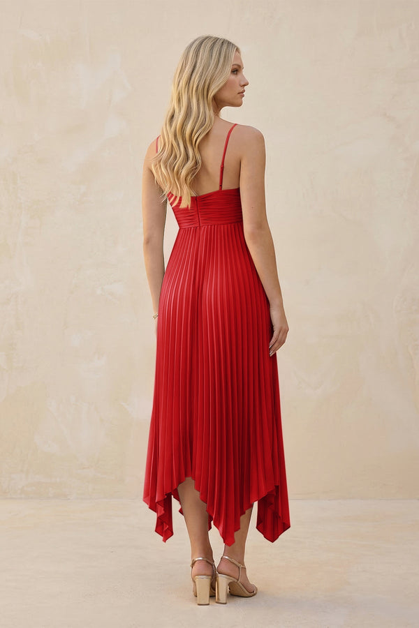 Spaghetti Strap Pleated A - Line Chiffon Midi Bridesmaid Dress in Ruby Red - KISS BRIDAL Bridesmaid Dresses