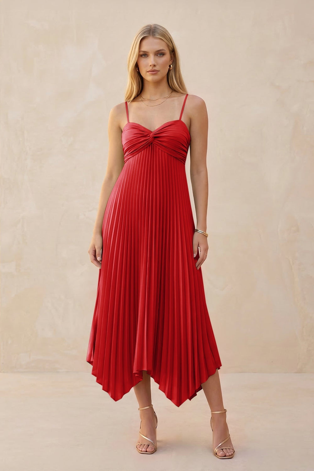Spaghetti Strap Pleated A-Line Chiffon Midi Bridesmaid Dress in Ruby Red