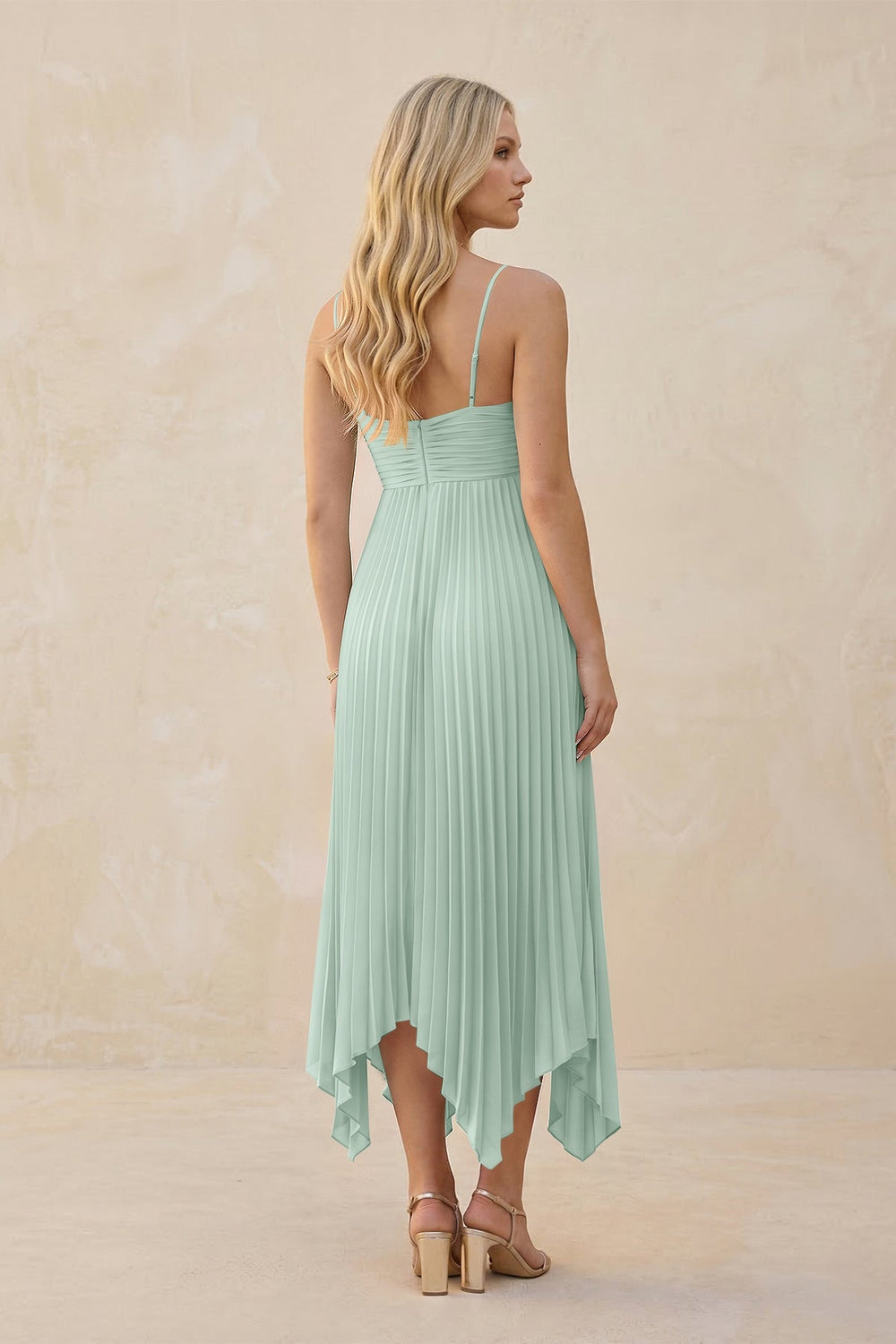 Spaghetti Strap Pleated A-Line Chiffon Midi Bridesmaid Dress in Sage