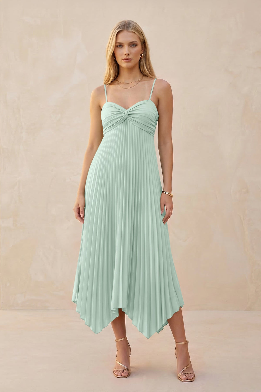 Spaghetti Strap Pleated A-Line Chiffon Midi Bridesmaid Dress in Sage