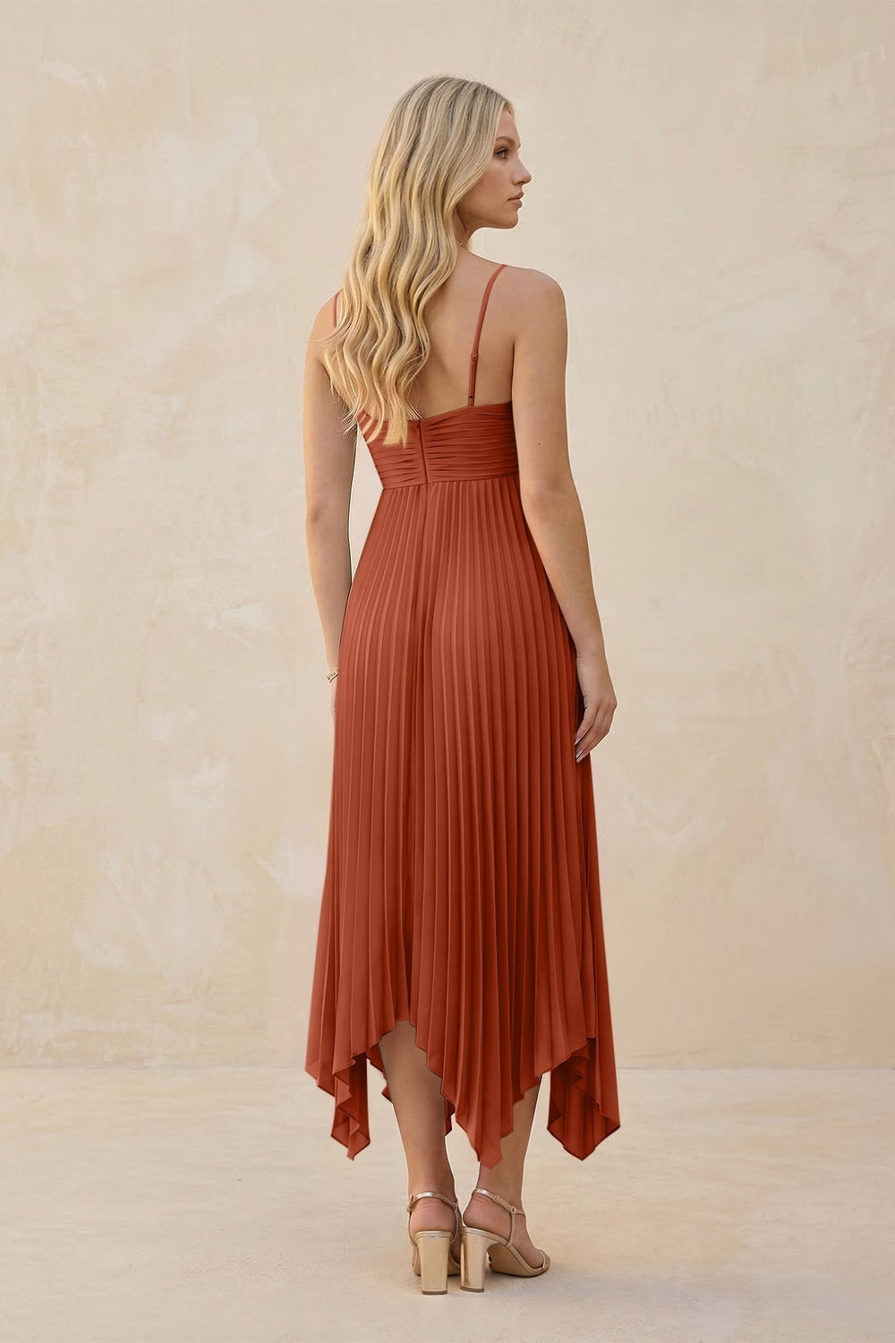 Spaghetti Strap Pleated A-Line Chiffon Midi Bridesmaid Dress in Spice