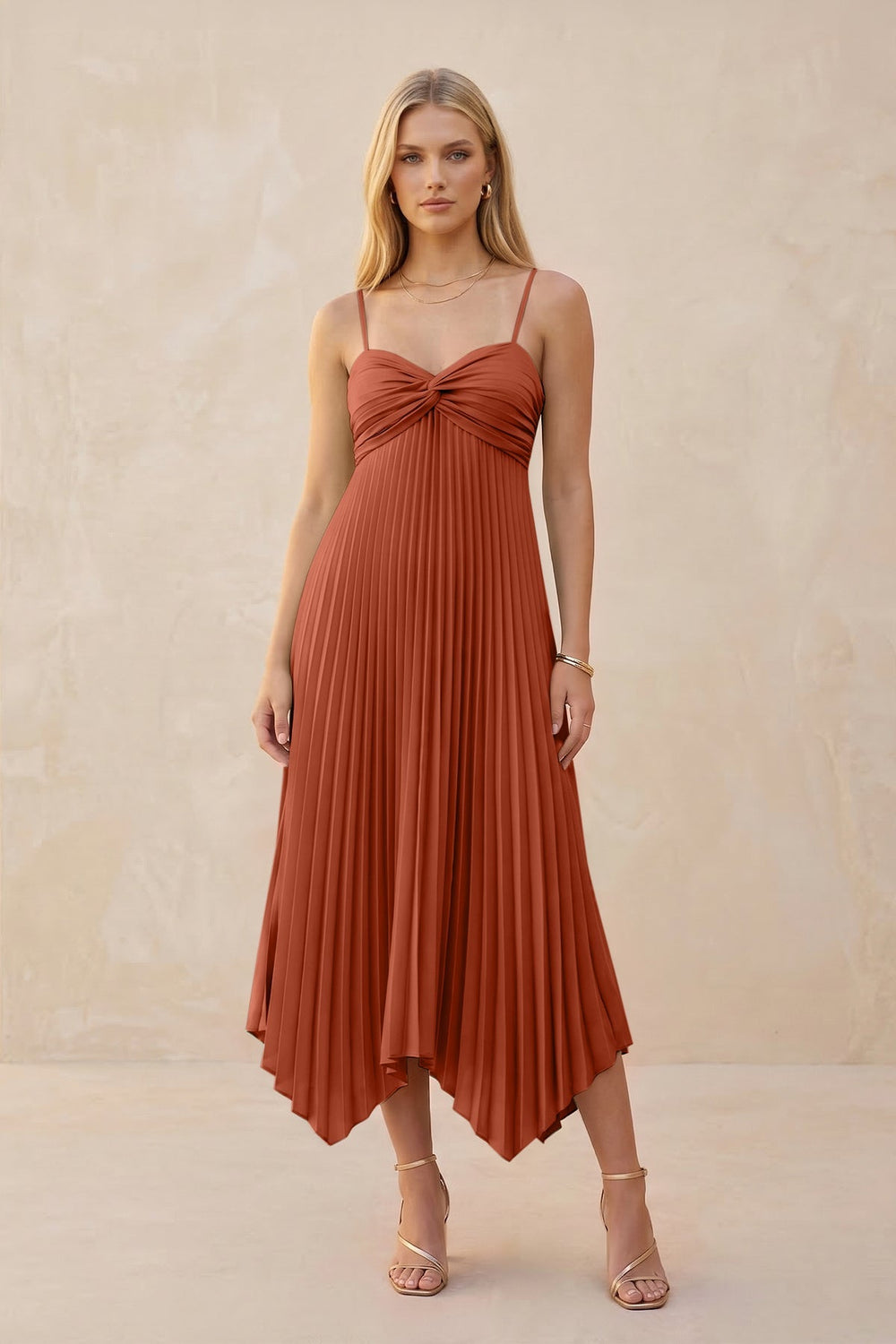Spaghetti Strap Pleated A-Line Chiffon Midi Bridesmaid Dress in Spice