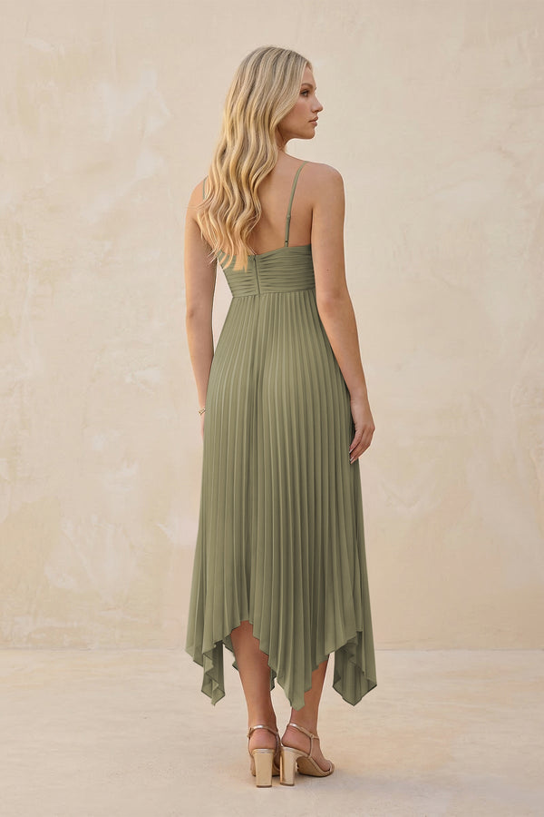Spaghetti Strap Pleated A-Line Chiffon Midi Bridesmaid Dress in Thyme (2) | KISSBRIDAL