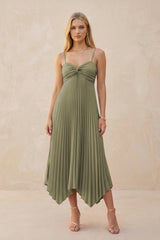 Spaghetti Strap Pleated A-Line Chiffon Midi Bridesmaid Dress in Thyme | KISSBRIDAL
