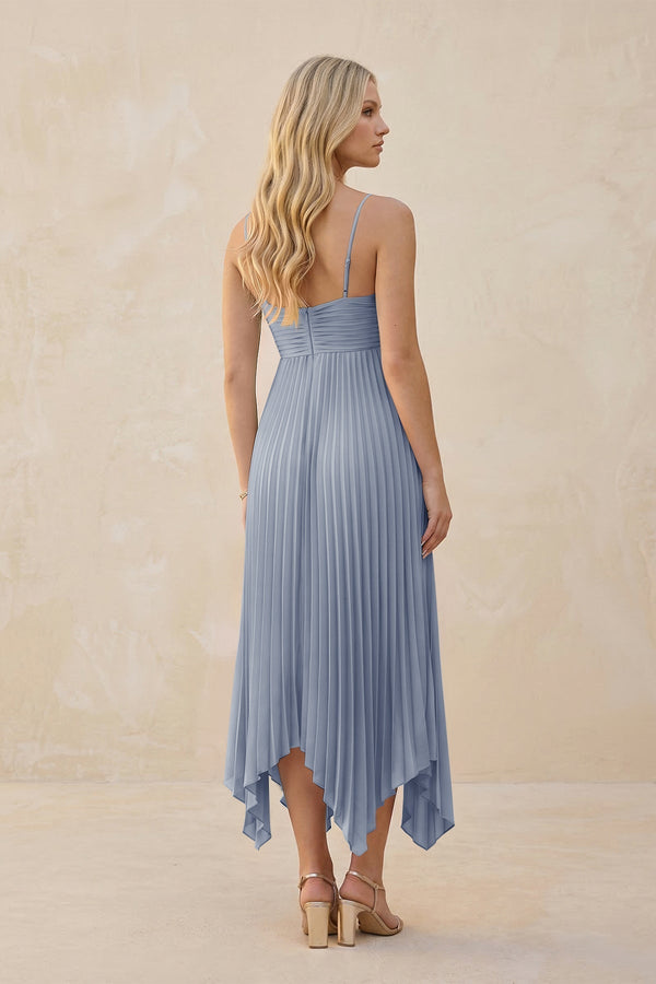 Spaghetti Strap Pleated A - Line Chiffon Midi Bridesmaid Dress in Twilight - KISS BRIDAL Bridesmaid Dresses