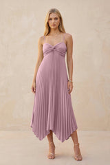 Spaghetti Strap Pleated A-Line Chiffon Midi Bridesmaid Dress in Vintage Mauve | KISSBRIDAL