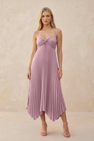Spaghetti Strap Pleated A-Line Chiffon Midi Bridesmaid Dress in Vintage Mauve | KISSBRIDAL