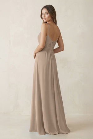 Spaghetti Strap Ruched Chiffon A-Line Bridesmaid Dress in Almond (2) | KISSBRIDAL
