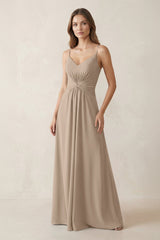 Spaghetti Strap Ruched Chiffon A-Line Bridesmaid Dress in Almond | KISSBRIDAL