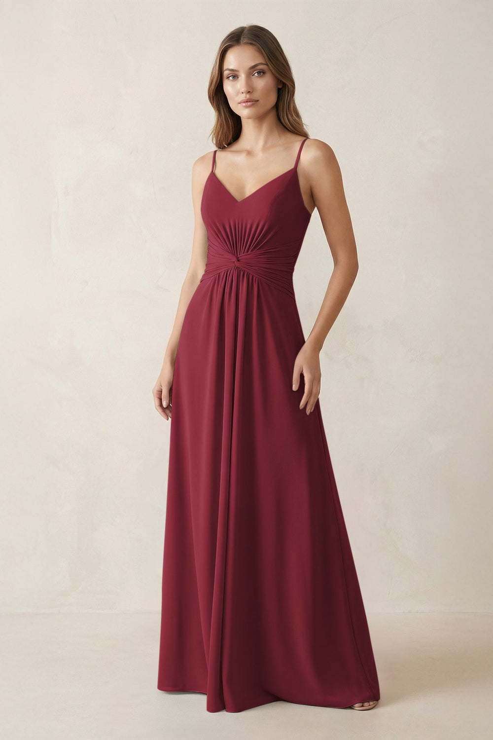 Spaghetti Strap Ruched Chiffon A-Line Bridesmaid Dress in Berry