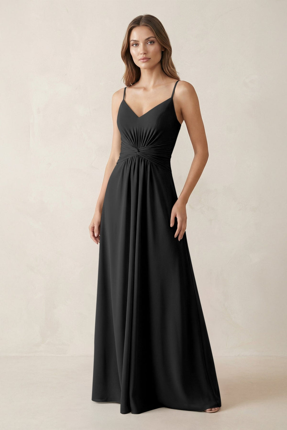 Spaghetti Strap Ruched Chiffon A-Line Bridesmaid Dress in Black