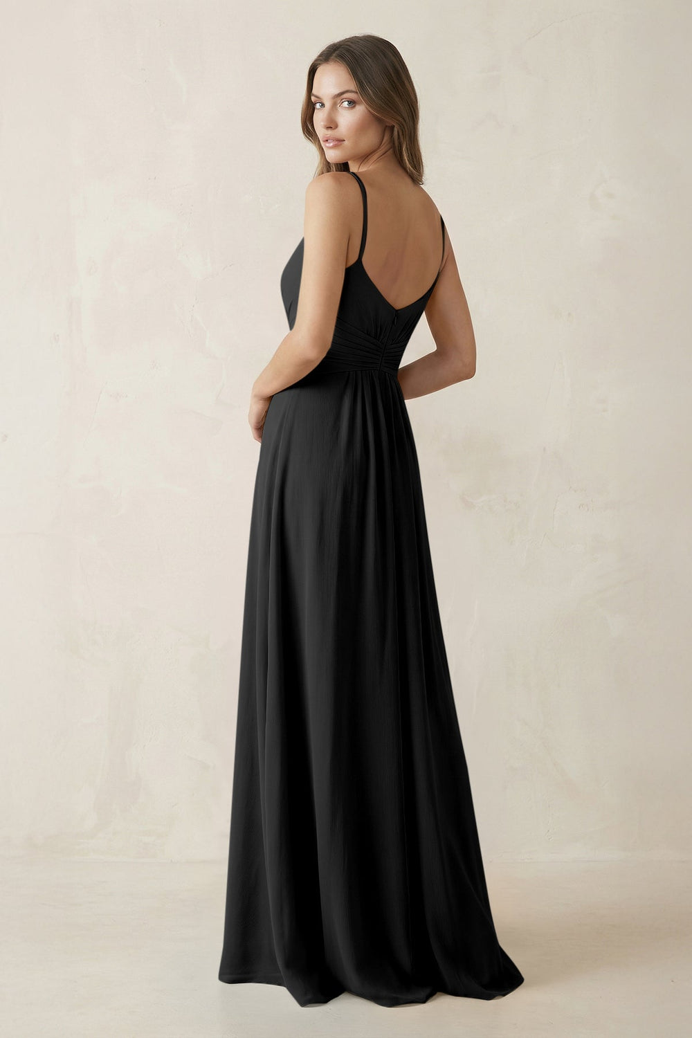 Spaghetti Strap Ruched Chiffon A-Line Bridesmaid Dress in Black