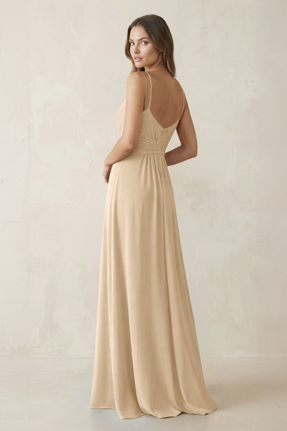Spaghetti Strap Ruched Chiffon A-Line Bridesmaid Dress in Champagne
