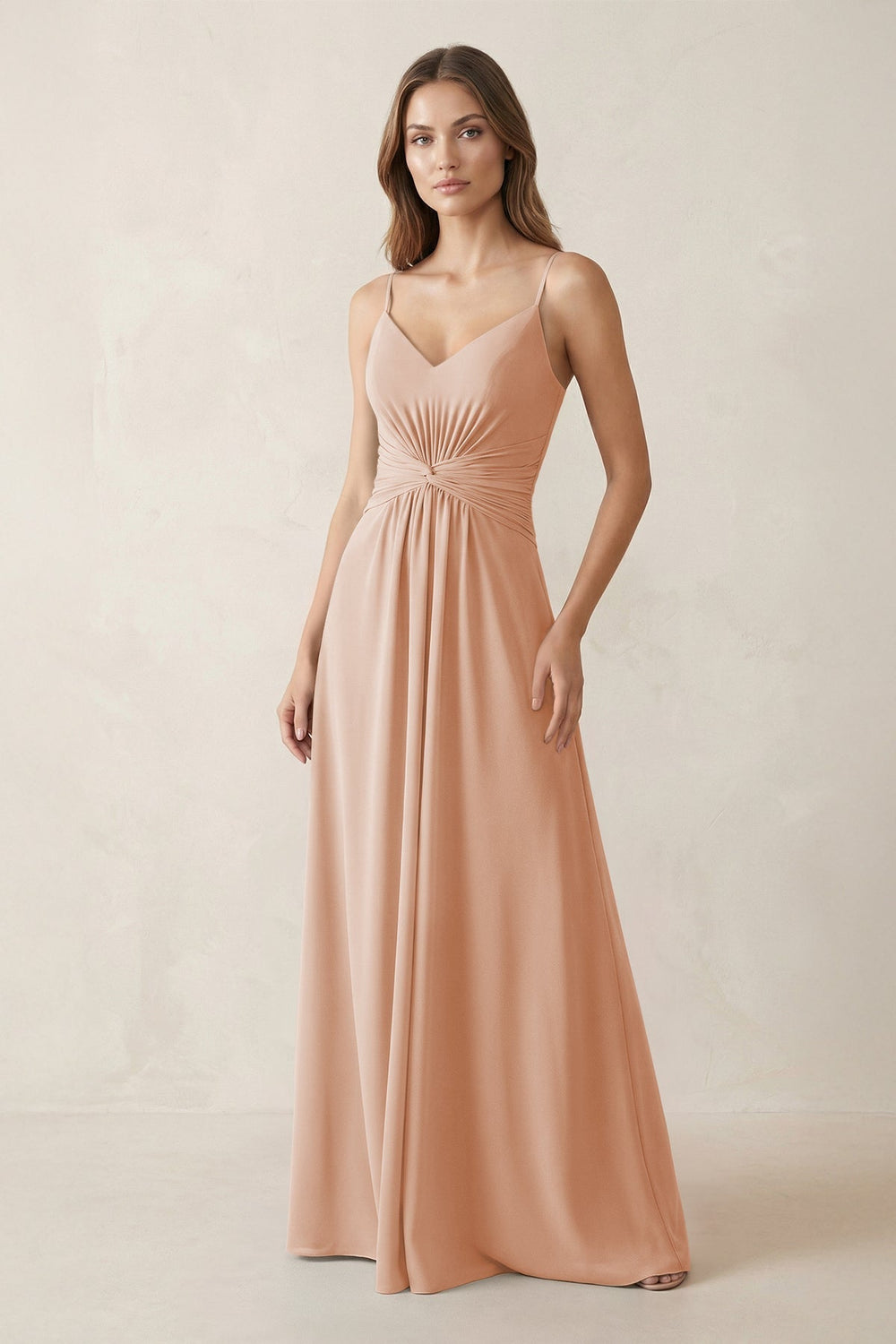 Spaghetti Strap Ruched Chiffon A-Line Bridesmaid Dress in Champagne Rose