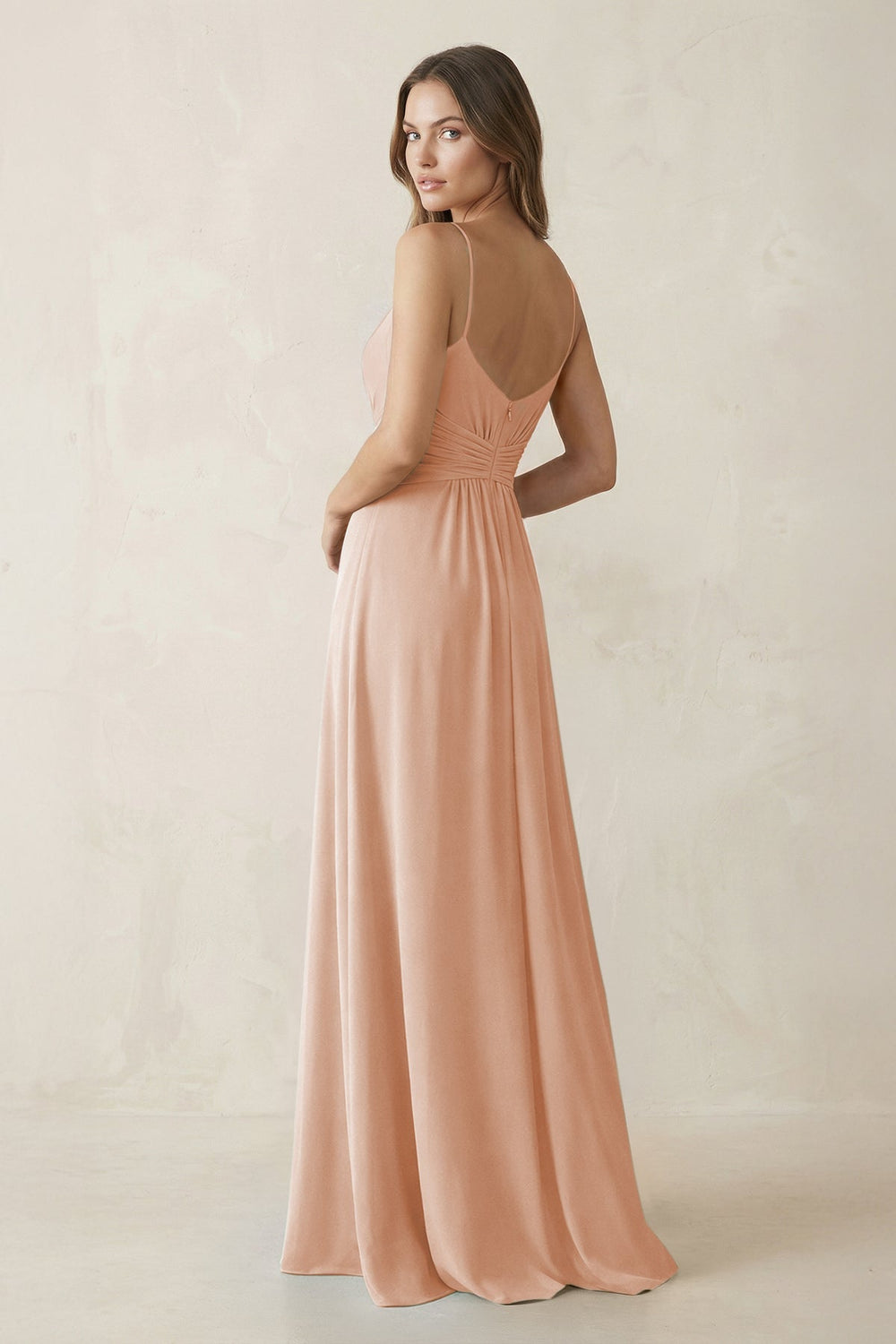 Spaghetti Strap Ruched Chiffon A-Line Bridesmaid Dress in Champagne Rose