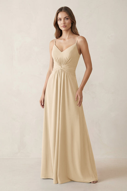 Spaghetti Strap Ruched Chiffon A-Line Bridesmaid Dress in Champagne | KISSBRIDAL
