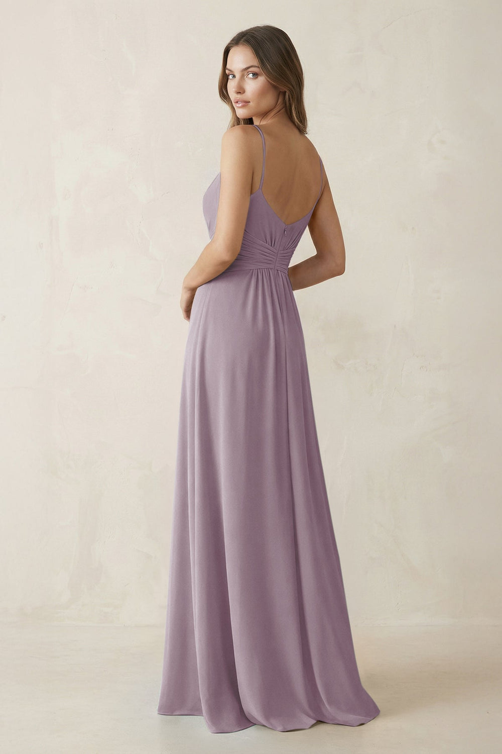 Spaghetti Strap Ruched Chiffon A-Line Bridesmaid Dress in Dusk
