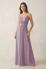Spaghetti Strap Ruched Chiffon A-Line Bridesmaid Dress in Dusk | KISSBRIDAL