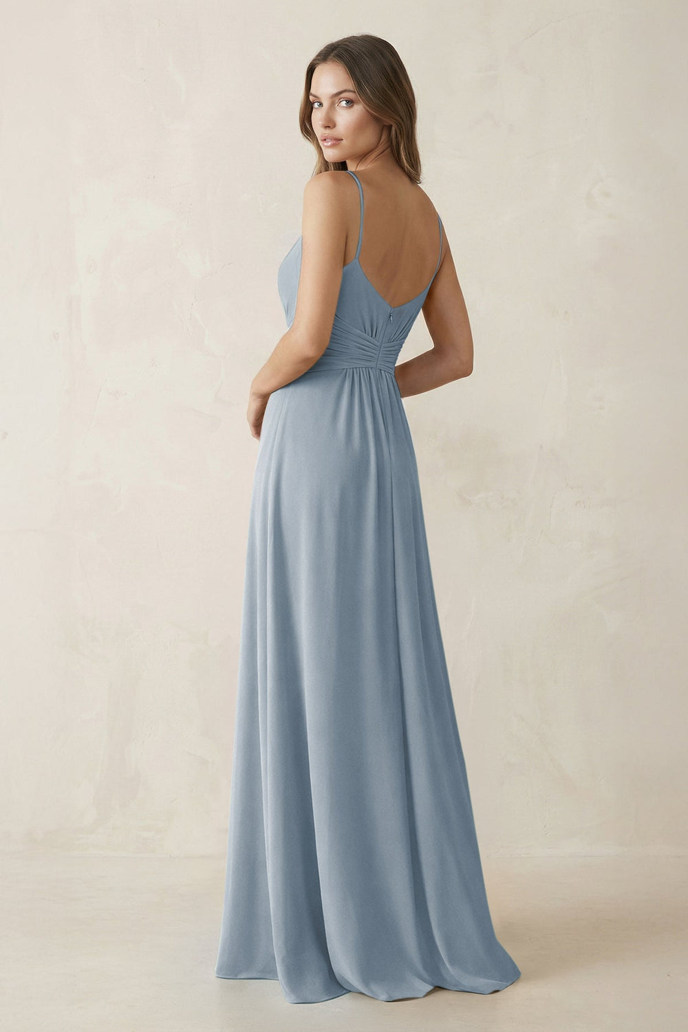 Spaghetti Strap Ruched Chiffon A-Line Bridesmaid Dress in Dusty Blue