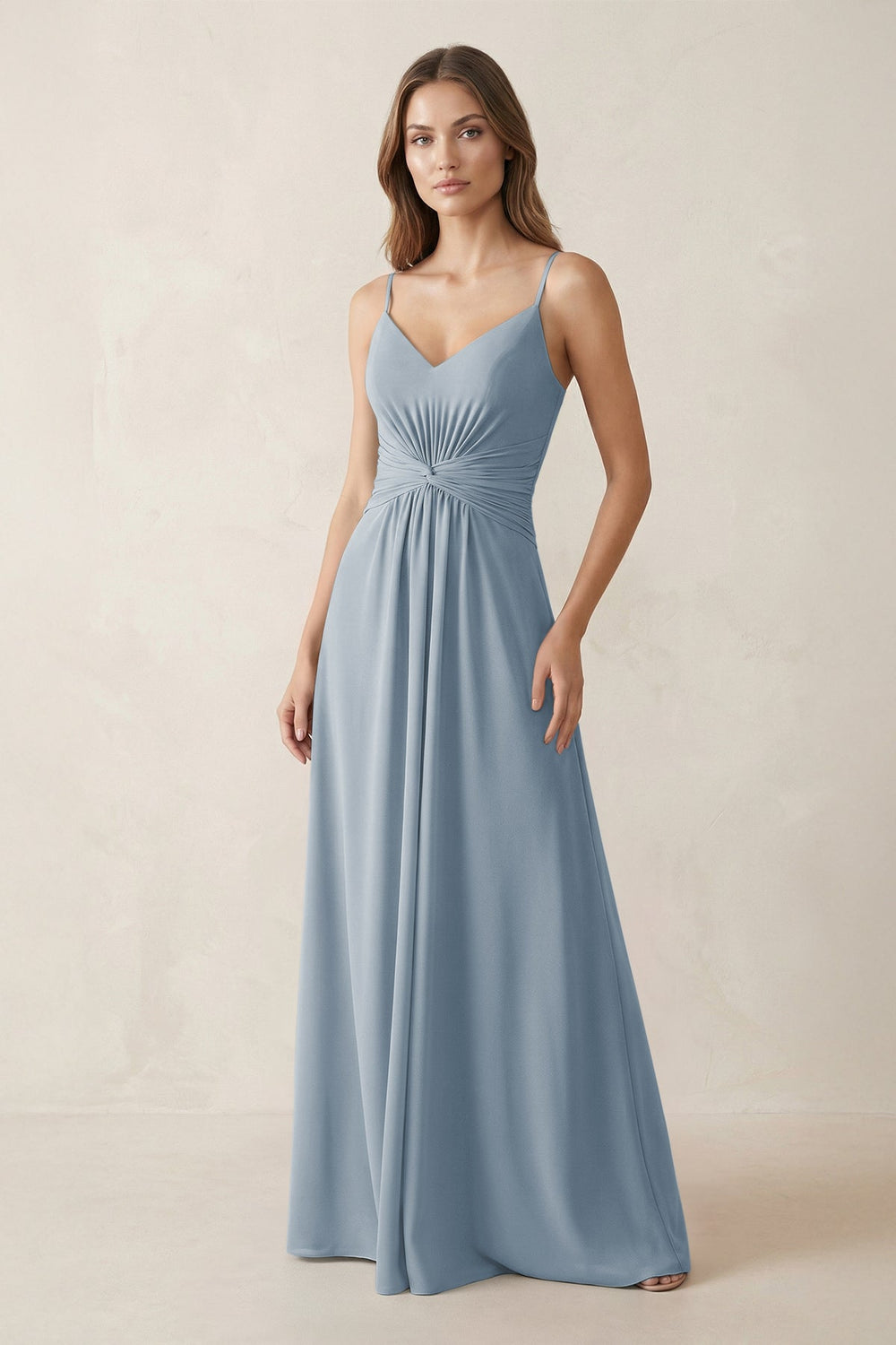 Spaghetti Strap Ruched Chiffon A-Line Bridesmaid Dress in Dusty Blue