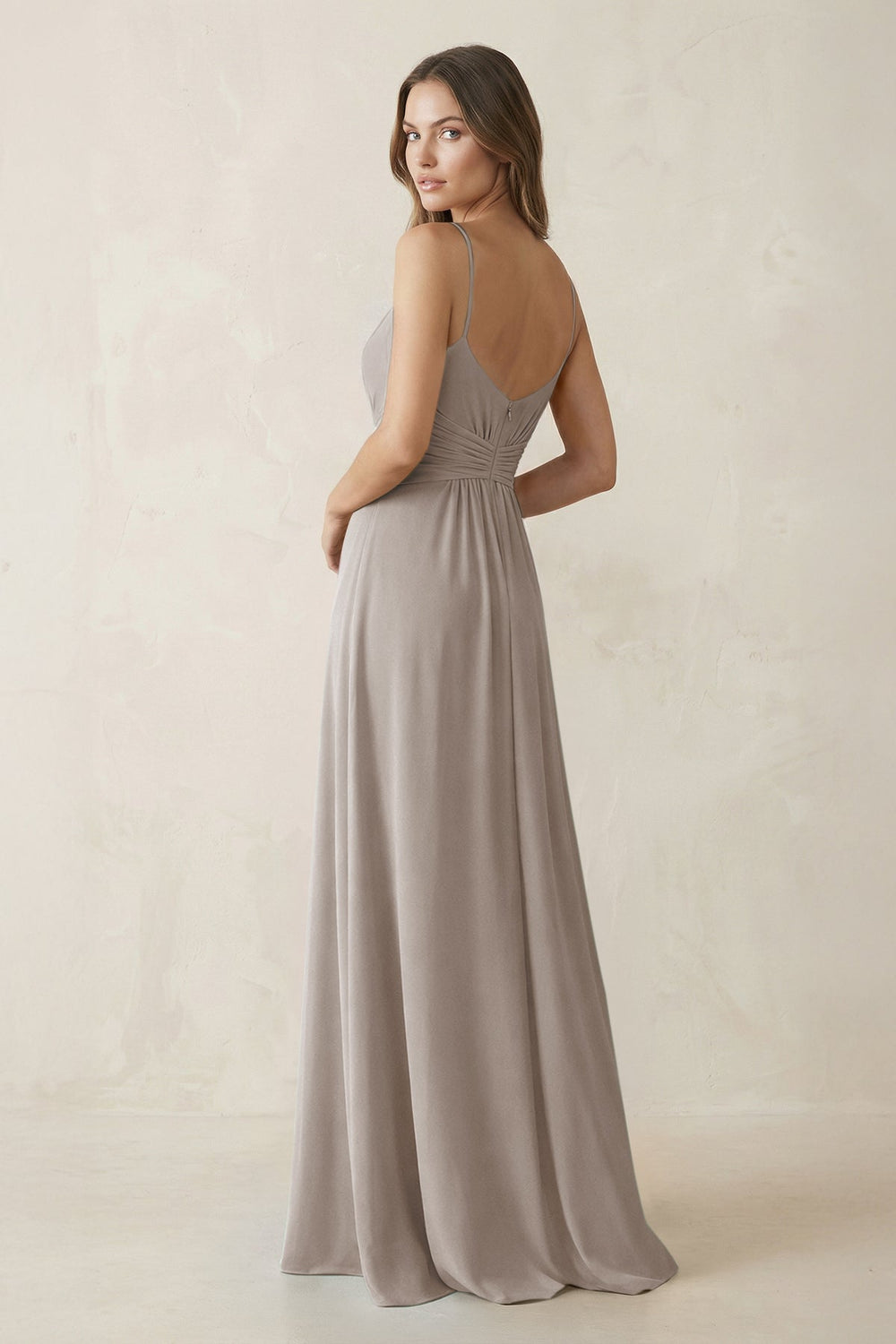 Spaghetti Strap Ruched Chiffon A-Line Bridesmaid Dress in Frost