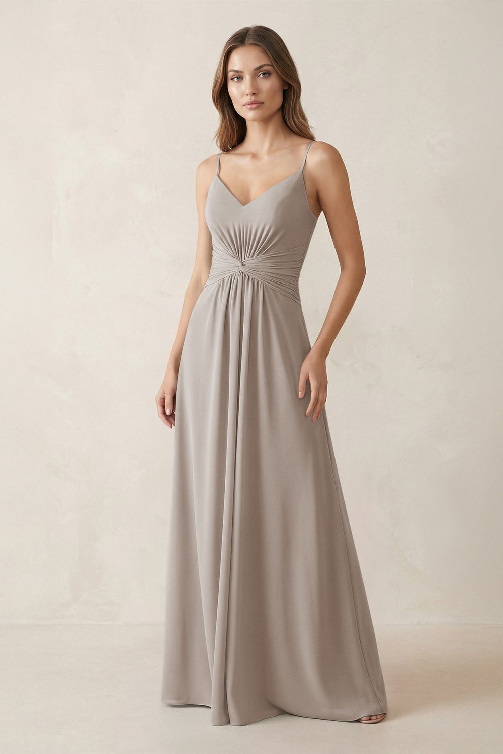 Spaghetti Strap Ruched Chiffon A-Line Bridesmaid Dress in Frost