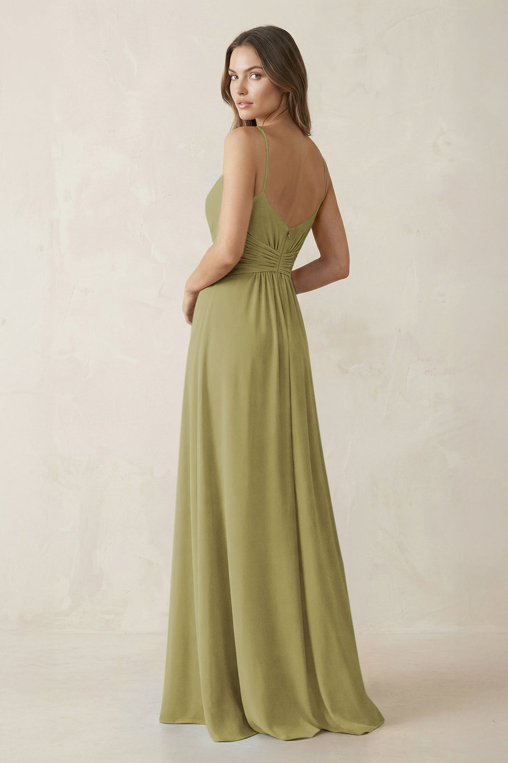 Spaghetti Strap Ruched Chiffon A-Line Bridesmaid Dress in Moss Green