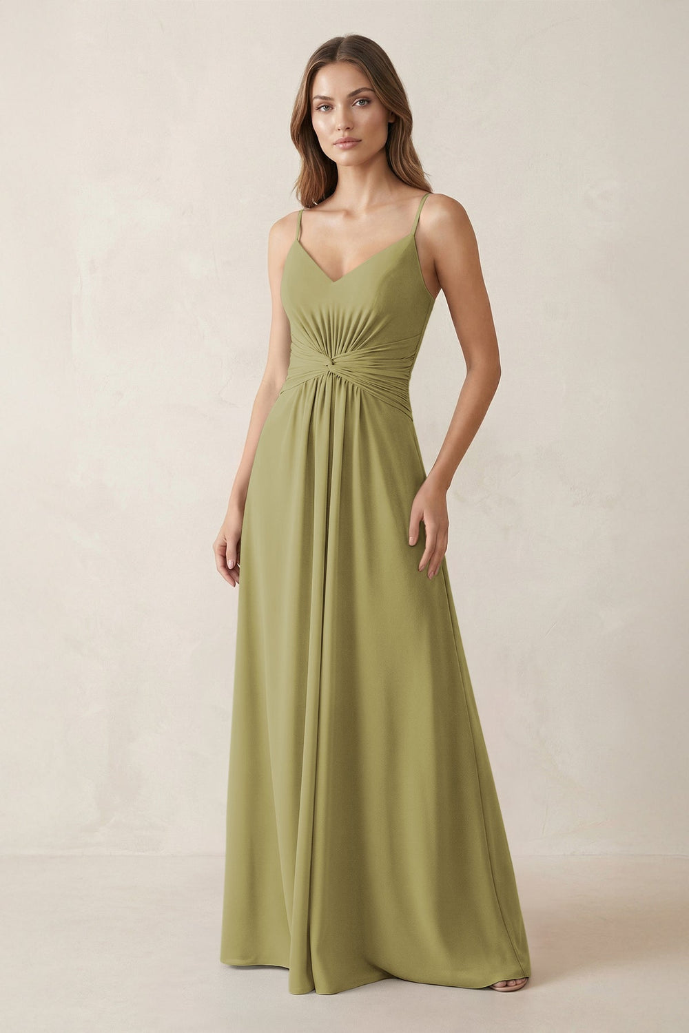 Spaghetti Strap Ruched Chiffon A-Line Bridesmaid Dress in Moss Green
