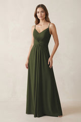 Spaghetti Strap Ruched Chiffon A-Line Bridesmaid Dress in Olive | KISSBRIDAL
