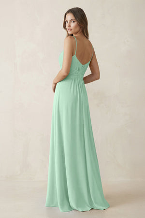 Spaghetti Strap Ruched Chiffon A-Line Bridesmaid Dress in Pale Pistachio (2) | KISSBRIDAL