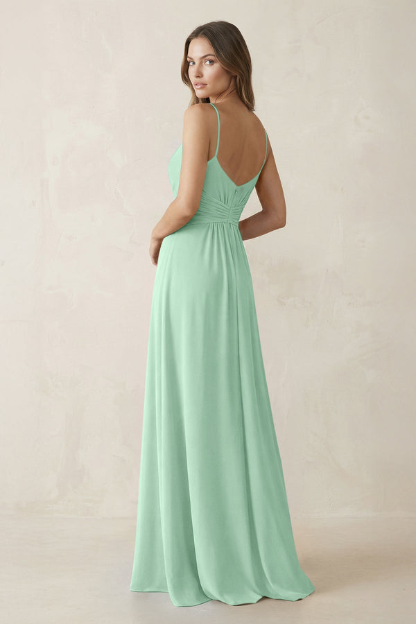 Spaghetti Strap Ruched Chiffon A-Line Bridesmaid Dress in Pale Pistachio (2) | KISSBRIDAL