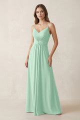 Spaghetti Strap Ruched Chiffon A-Line Bridesmaid Dress in Pale Pistachio | KISSBRIDAL