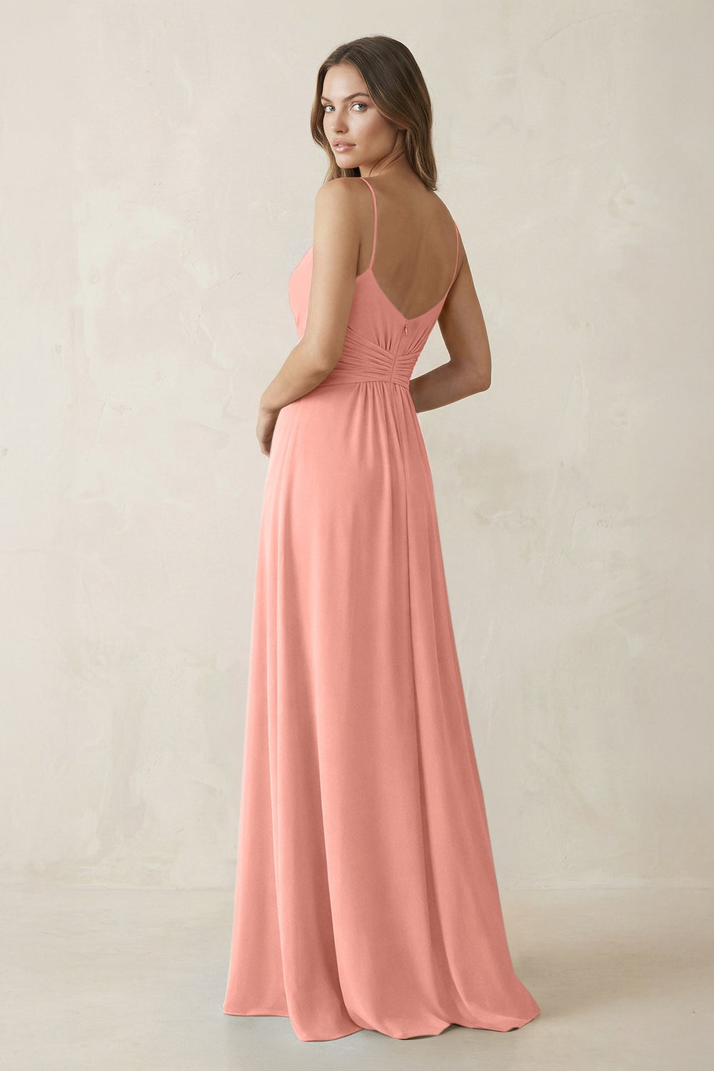 Spaghetti Strap Ruched Chiffon A-Line Bridesmaid Dress in Rosette