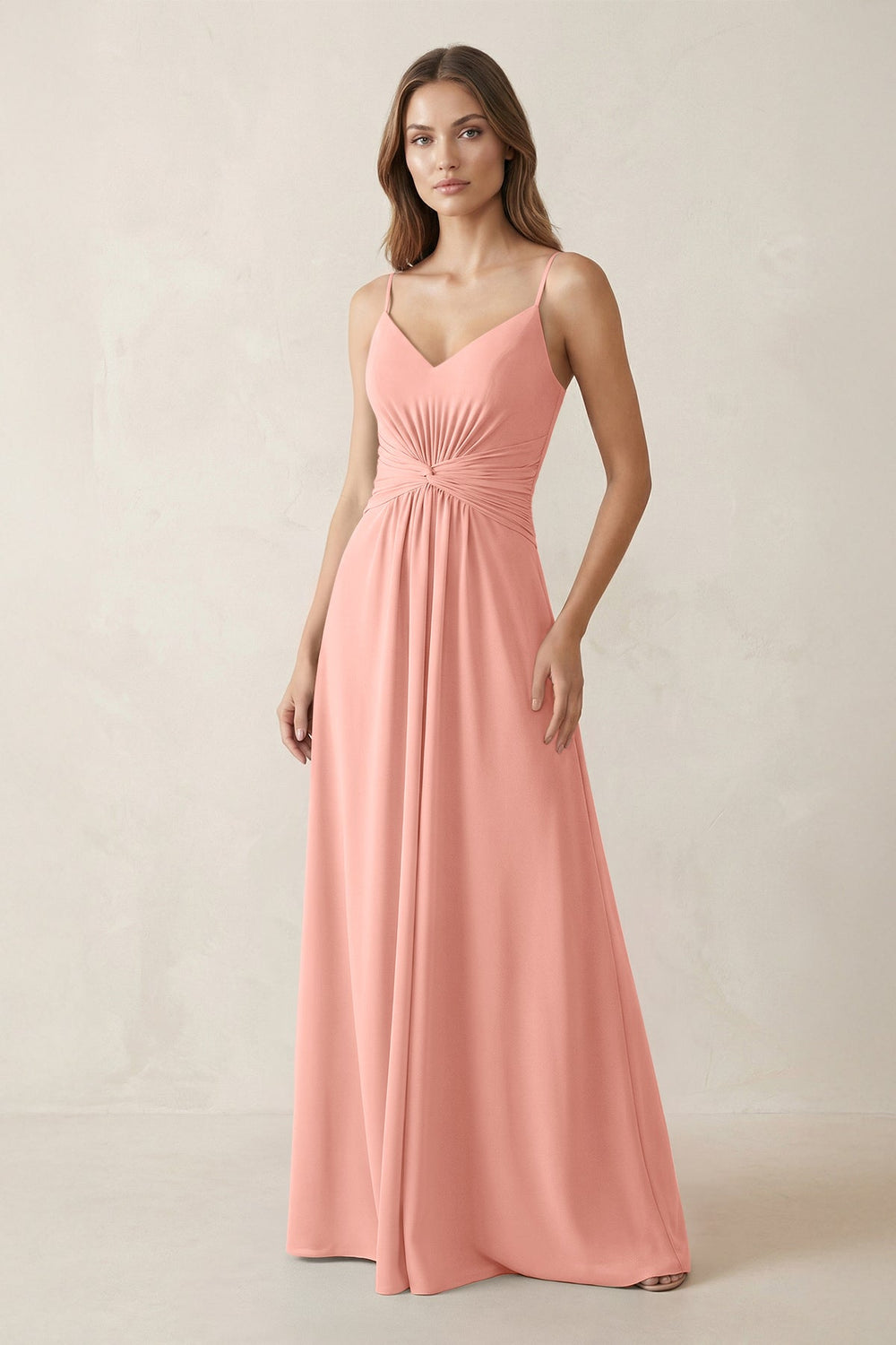 Spaghetti Strap Ruched Chiffon A-Line Bridesmaid Dress in Rosette