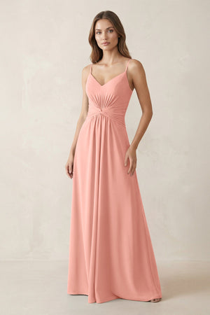 Spaghetti Strap Ruched Chiffon A-Line Bridesmaid Dress in Rosette | KISSBRIDAL