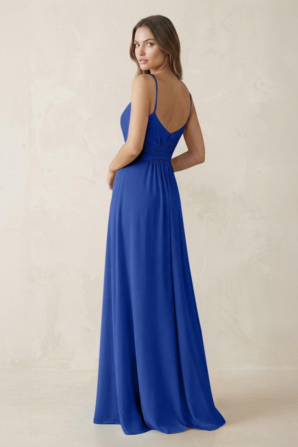 Spaghetti Strap Ruched Chiffon A-Line Bridesmaid Dress in Royal Blue