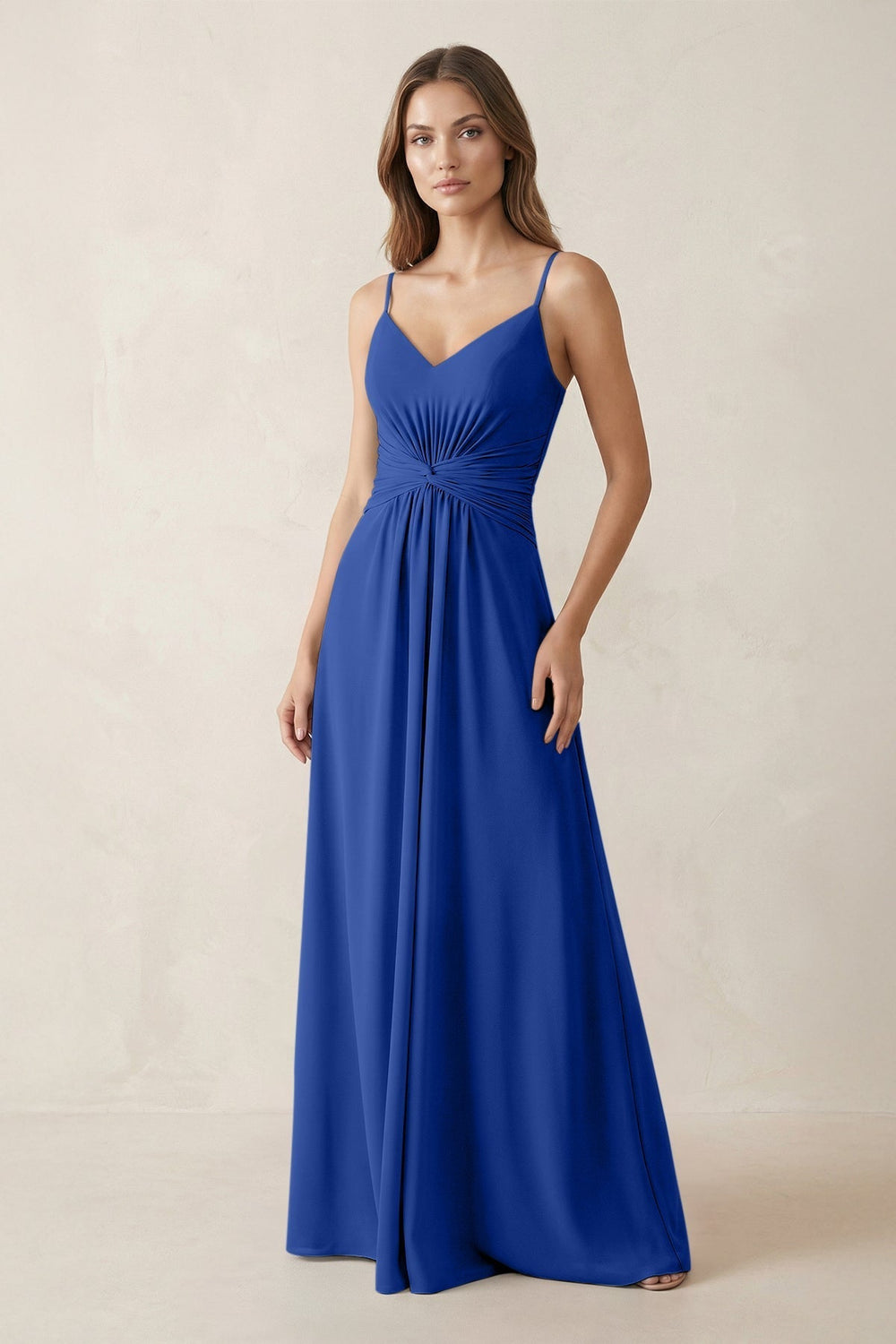 Spaghetti Strap Ruched Chiffon A-Line Bridesmaid Dress in Royal Blue