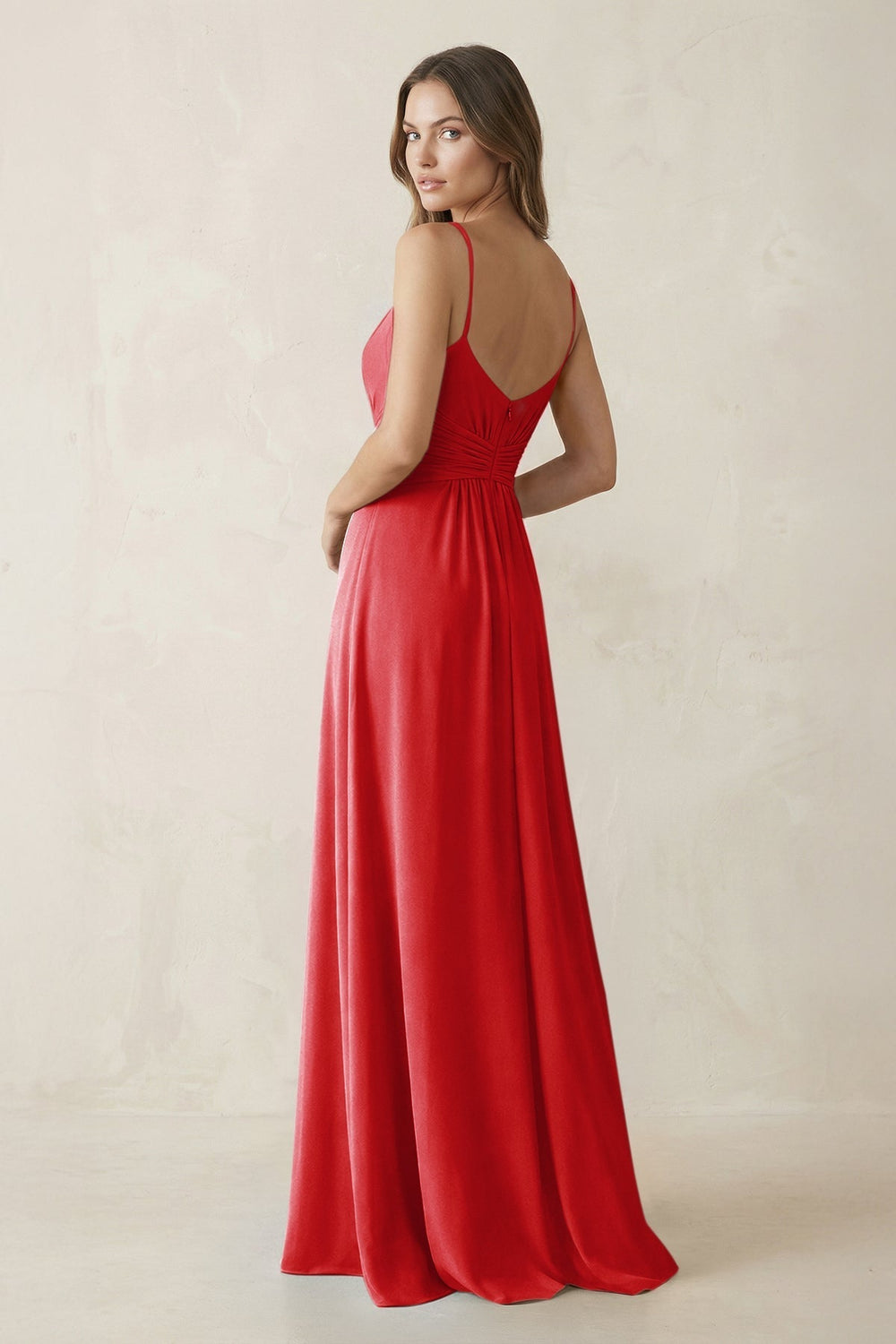 Spaghetti Strap Ruched Chiffon A-Line Bridesmaid Dress in Ruby Red