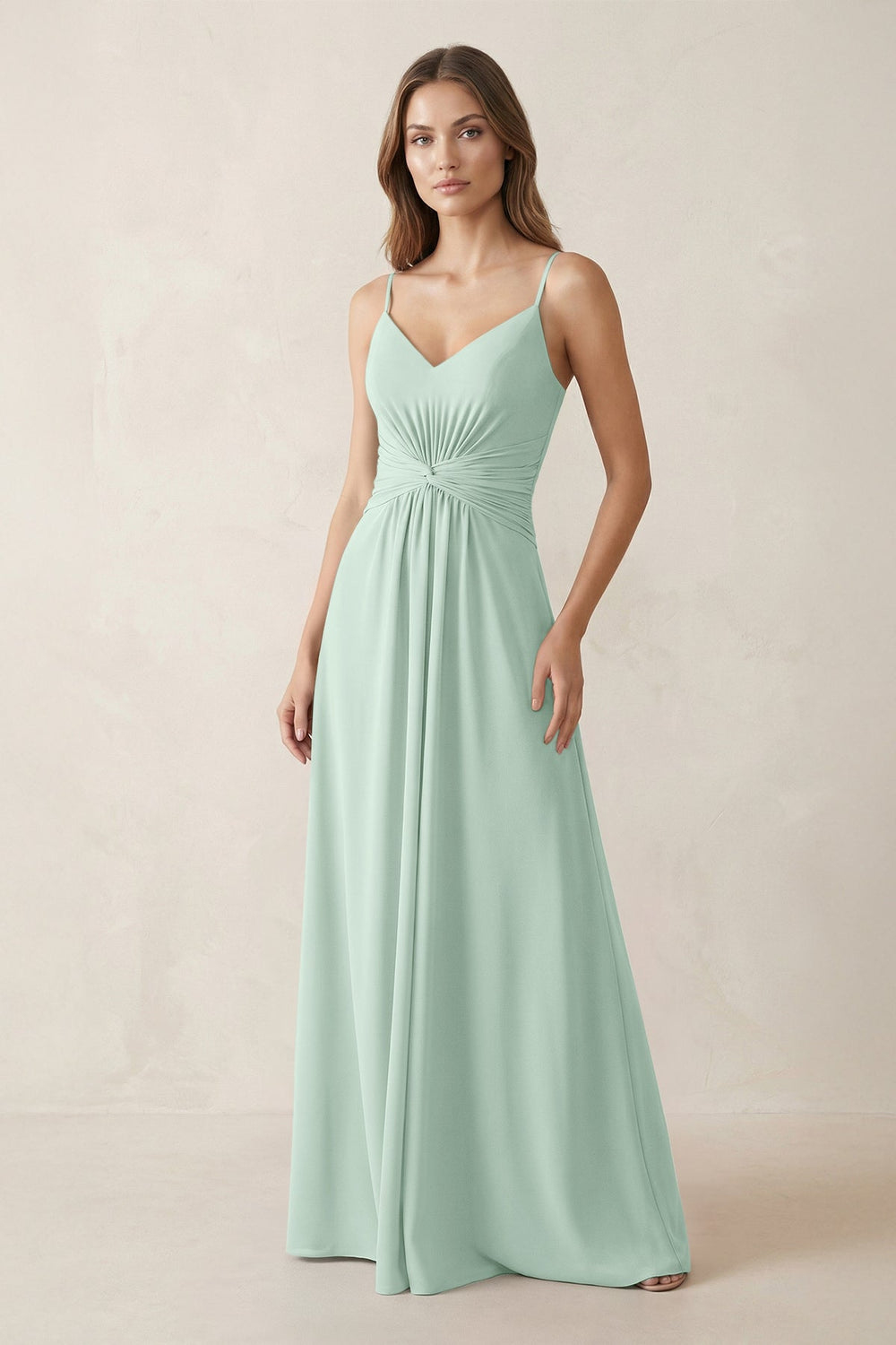 Spaghetti Strap Ruched Chiffon A-Line Bridesmaid Dress in Sage