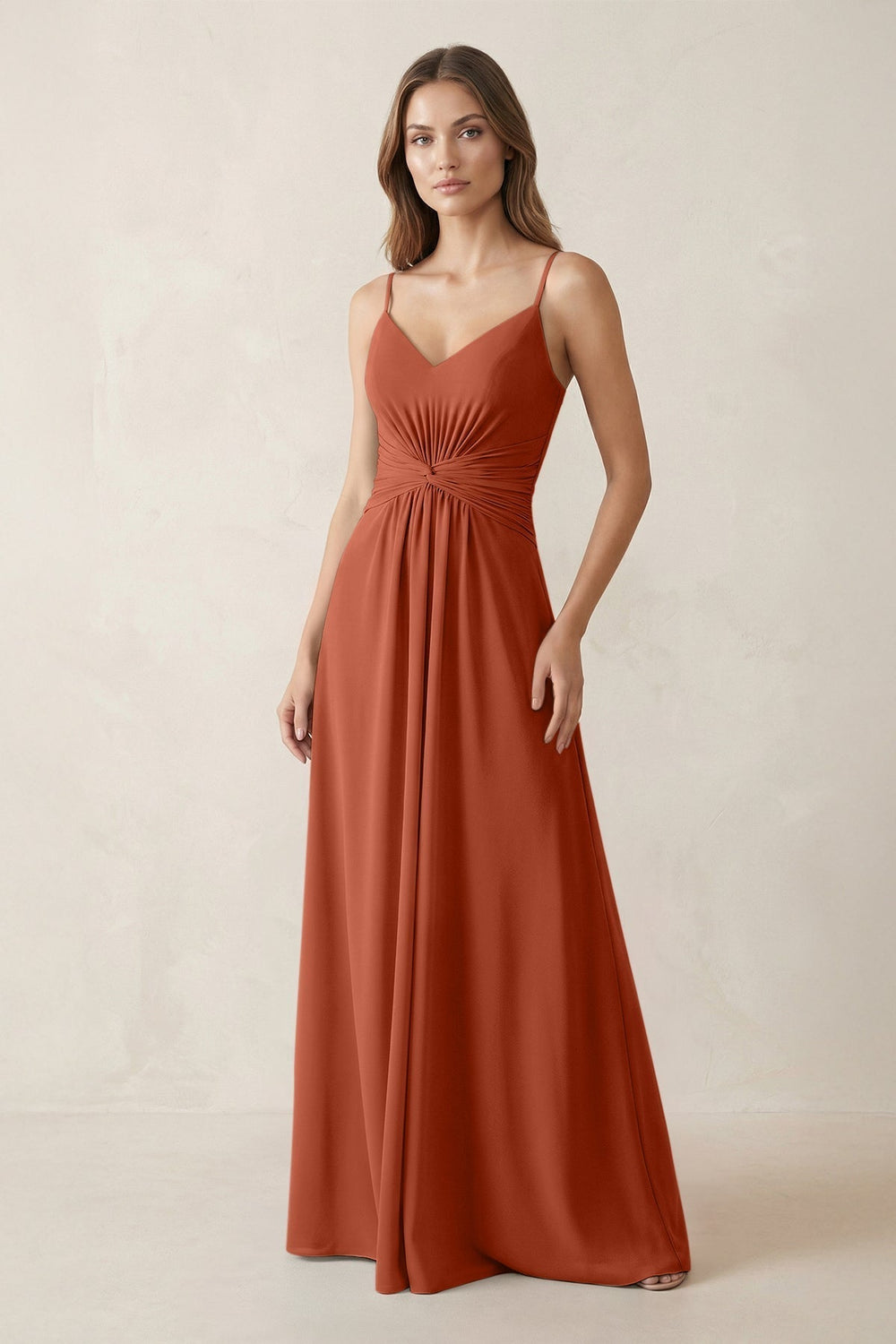 Spaghetti Strap Ruched Chiffon A-Line Bridesmaid Dress in Spice
