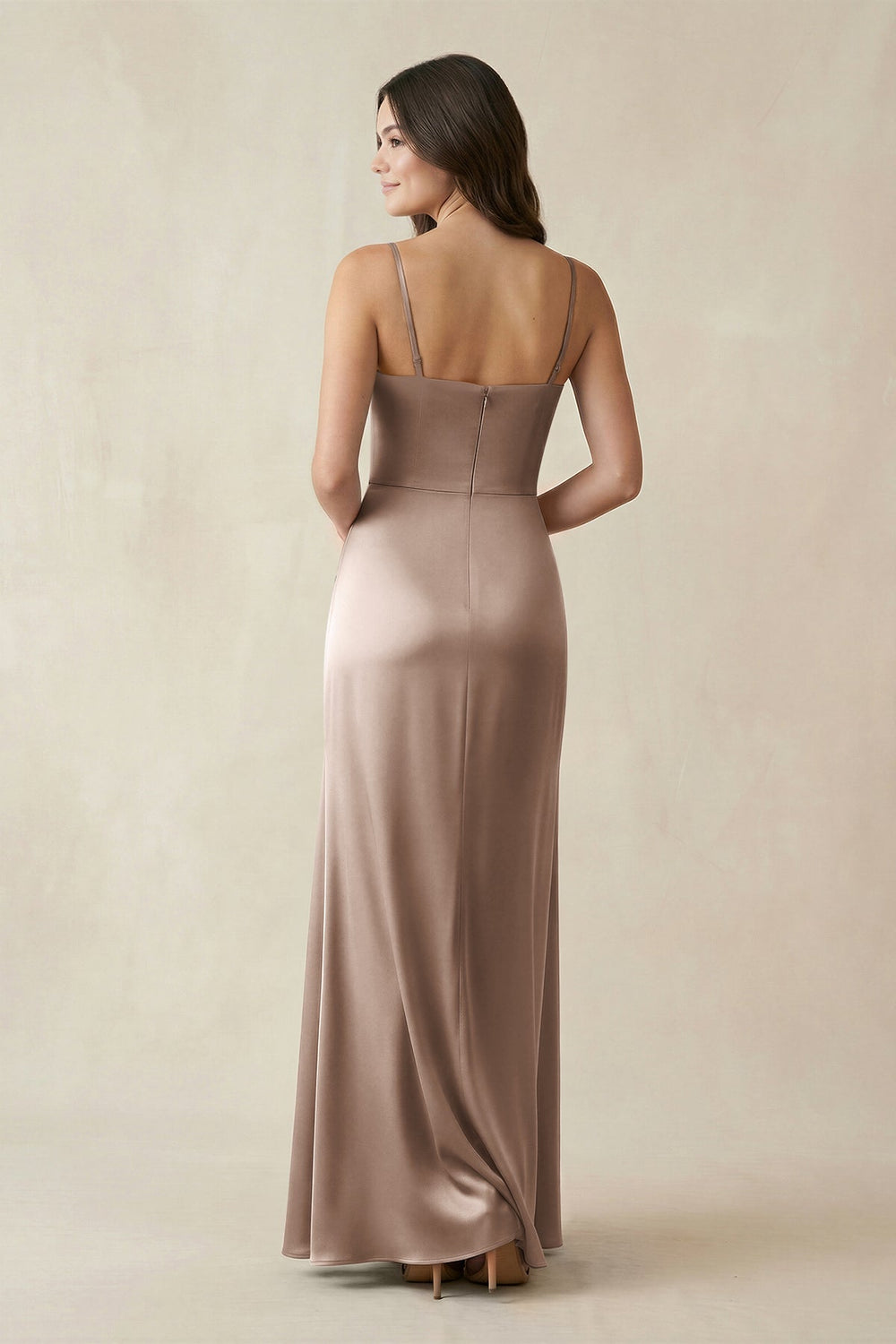 Spaghetti Strap Ruched Sheath Satin Bridesmaid Dress in Almond